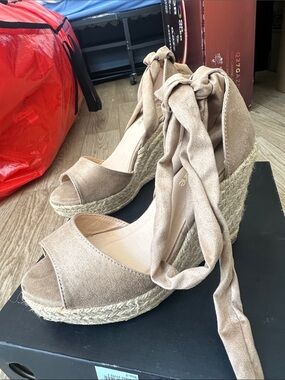 Women’s Tan Espadrille Wedge Sandals with Ankle Tie